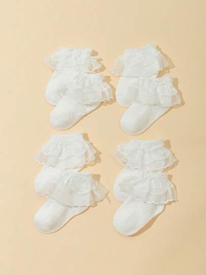 4 双儿童白色蕾丝透气时尚百搭蕾丝边袜子，适合儿童休闲日常穿着