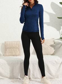 带侧袋的女士运动运动衫、带拇指孔的 1/4 拉链瑜伽长袖上衣、女士户外运动跑步拉链 T 恤、半拉链女士运动健身服