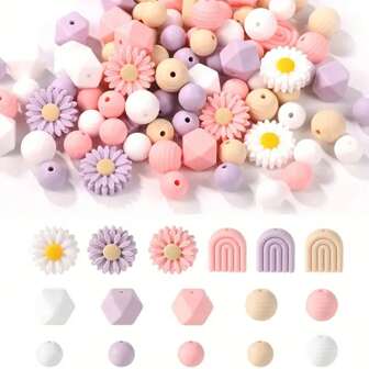 62/102pcs Daisy Silicone Focal Beads, Round Daisy Flower Silicone Pinecone Beads, 12/15mm Handmade Beads, Suitable For DIY Keychain, Bracelet, Necklace Jewelry Making Crafts