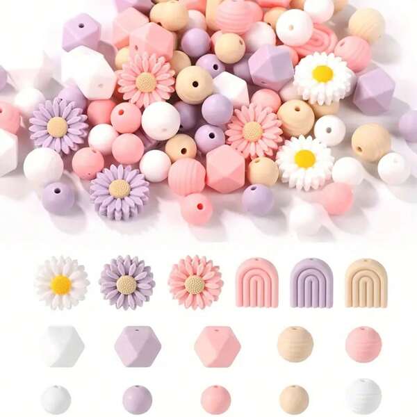 62/102 pezzi Perline focali in silicone a forma di margherita, perline in silicone a forma di pigna a margherita rotonda, perle fatte a mano da 12/15mm, adatte per realizzare portachiavi, braccialetti, collane e gioielli fai-da-te