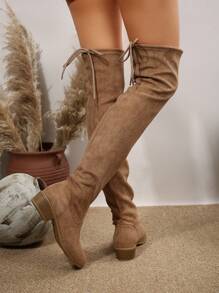 女式仿麂皮过膝长靴，修身高筒粗跟马靴，休闲时尚弹力过膝长靴，性感女士靴