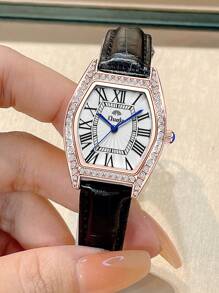 Duolz Quality Diamond Decorated Simple Pu Leather Belt Roman Numeral Women's Waterproof Watch
