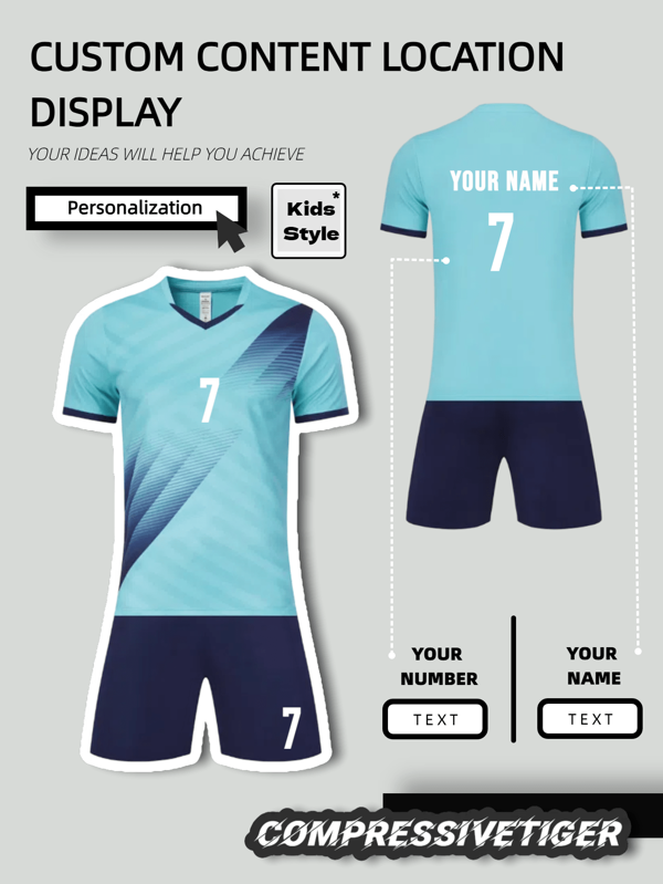 2 Stücke Personalisiertes Fußballtrikot für Jungen - Bedruckbar mit Namen und Nummer, Streifen Deko Kurzarm T-Shirt + Shorts Co-Ord, schnelltrocknend, schweißabsorbierend, Sportset als Geschenk