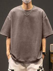 1 件青少年男孩休闲户外运动简约绒面革 T 恤，夏季