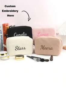 1 Piece Of Makeup Storage Tool Women'S Simple Solid Color Corduroy Large Capacity Makeup Bag Including Portable Hand-Held Toiletry Bag Suitable For Women, College Students, High School Students, Outdoor Travel, Vacation, Makeup Bag Storage, School Dormitory Bathroom Essential, Exclusive Customized Gift - Multicolor - View 1