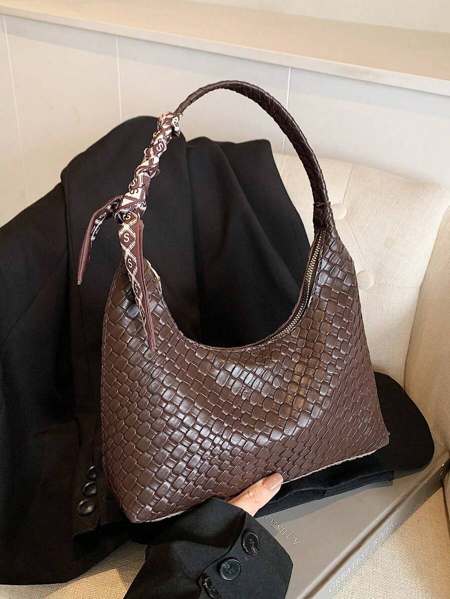 Fashion Versatile Simple Shoulder Bag With Scarf - Coffee - View 1