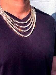 4mm Iced Out Rhinestone Tennis Chain Necklace For Men Women, Rhinestone Tennis Necklaces For Men Women And Teens, Tennis And Cuban Link Chains - 銀色 - 查看 6