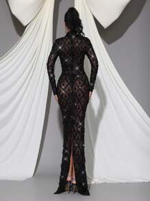 Modphy Vestido de Body entero de manga larga de malla transparente con lentejuelas y strass - Vestido de dama de honor de lujo para boda, fiesta, eventos, invitado de boda, vestido de noche