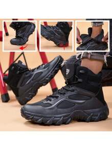 Men's Outdoor Hiking Anti-Slip Boots, Solid Color Leather Upper Comfortable Mid-Calf Military Boots, Spring/Summer - Black - View 10