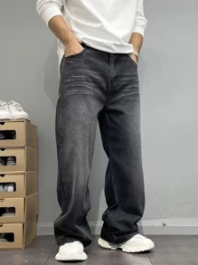 Teen Boys' Spring/Autumn American Style Black Washed Denim Jeans, Casual Straight Leg Pants - Black - View 4