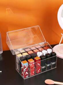 1 pieza Soporte con tapa para 18 lápices labiales, organizador de almacenamiento rectangular y redondo a prueba de polvo para lápices labiales, brillo de labios, pinceles, organizador de maquillaje con múltiples compartimentos y gradiente, expositor acrílico para esmalte de uñas con tapa transparente