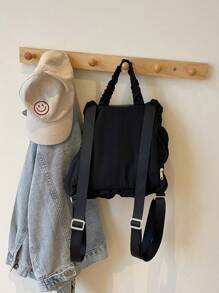 1 件韩国学院风休闲褶皱背包 2025 流行新款时尚休闲女式手提布包 - 黑色 - 查看 6