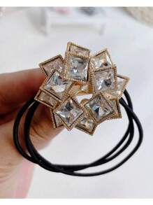 1pc Elegant New Zinc Alloy Square Rhinestone Stretch Hair Tie Ponytail Holder, Suitable For Ladies Everyday Wear, Party, Gathering,Hair Accessories,Hair Elastics,Hair Ties,Hair Rope Ponytail Holders, Hair Bobbles ,Gym Sport Outfit Head Accessories