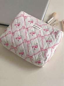 3pcs/1pc Quilted Bow & Rose Design Cosmetic Bag, Fashion Portable Makeup Bag, Multi-Functional Storage Pouch, Cute Large Capacity Toiletry Bag, Travel Organizer, Mini Makeup Brush Holder Handheld Bag, Printed Wash Bag For Lipsticks, Brushes, Skincare Products, Phones, Coins, Small Items, Suitable For Home, Gifts, Holidays And Festival Like Halloween, Christmas