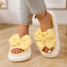 1 Pair Cute Solid Color Bow Cloth Lady House Slippers, Thick Anti-Slip Soft EVA Sole, Breathable Comfort Vamp, Suitable For All Seasons