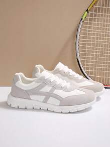 Must-Have For All Seasons! Designed Specifically For Young Women, Suitable For Daily Activities And Sports. Quality Leather And Suede Patchwork, Precise Craftsmanship Showcases The Premium Quality. Unique Wavy Color Block Elements Break The Monotony. Round Toe Low-Top Design Provides Ultimate Comfort, Flat Sole Allows Free And Easy Movement, A Fashionable Sports Shoes Leading The . - White Gray - View 4