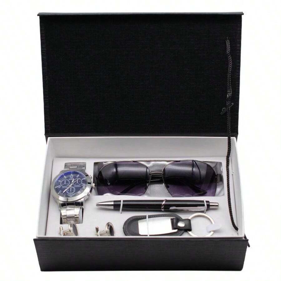 PUNING 5 Piece Set Elegant Gift Box For Men Watch Pen Glasses Cufflinks Keychain For Dad Boyfriend Special Events Ideal Detail For Any Occasion Business Gifts Birthdays Anniversaries Celebrations - 黑色 - 查看 1