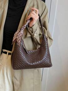Fashion Versatile Simple Shoulder Bag With Scarf - Coffee - View 6
