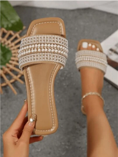 Women's One-Toe Strap Rhinestone Decor Sandals, Summer Casual Versatile Outdoor Flat Plastic Slippers