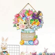 1Pc Easter Welcome Wooden Wall Hanging Plaque Sign Easter Bunny Cross Door Sign Wreath Decor For Spring Easter Indoor Outdoor Home Farmhouse Porch Decorations,Rustic Wood Front Door Sign Easter Spring Flower Hanging Wood Sign Easter Theme Party Decor