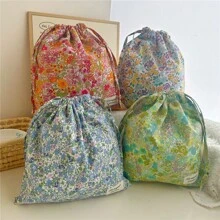 [Charming Floral Bag] Vibrant Floral Pattern 1pc Drawstring Bag - Charming Fabric Gift & Storage Pouch With Motif, Perfect For Jewelry, Cosmetics, Travel Essentials & Home Organization - Multicolor - View 3