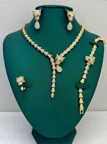 4 pièces Ensemble de collier, boucles d'oreilles, bague et bracelet de luxe avec motif léopard/tigre, pierres de zircone cubique blanche, forme de feuille. Ensemble de bijoux pour femme pour fête et mariage, cadeau pour la Saint-Valentin
