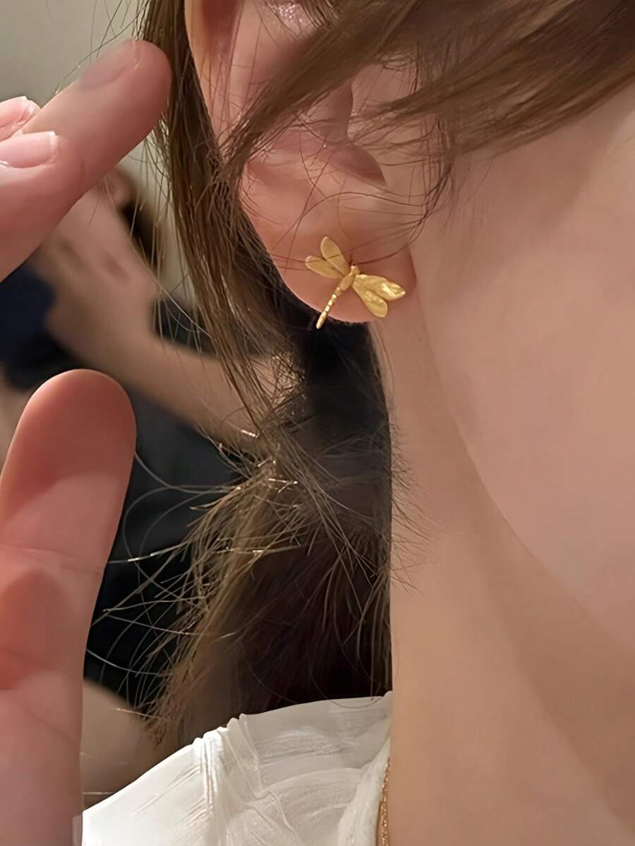 1 对可爱清新的蜻蜓耳钉，适合女性日常、节日、派对佩戴 - 金黃色 - 查看 1