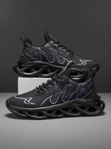 Herenmode Zwarte Mesh Ademende Veterschoenen Outdoor Antislip Blade Sole Sneakers, Koppels Vlam Gestreepte Vintage Veelzijdige Lichtgewicht Hardloopschoenen