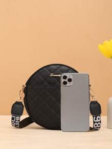 时尚菱形刺绣设计休闲斜挎包，女士小号圆形单肩包，高品质日常使用 - 黑色 - 查看 5