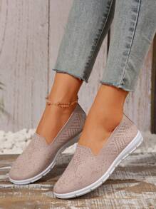 2025 Comfortable Casual Breathable Minimalist Slip-On Round Toe Flat Soft Bottom Women's Athletic Sneakers, Lightweight Breathable Hollow-Out Solid Color Versatile Walking Shoes, Spring/Autumn New Vacation Style Starry Sweet Hiking Shoes