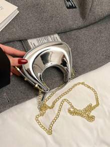 Fashionable Chic Children Faux Leather Shiny Metallic Chain Shoulder Handbag With Handles And Adjustable Strap - Silver - View 4