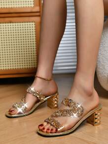 Women's Fashion Chunky Heel Sandals, Sexy New Open Toe High Heel Slides, Rhinestone Transparent Versatile Strap Slip On Shoes - Gold - View 5