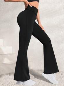 Yoga Legging Flare Pants With Letter High Waisted Hip Lifting Seamless Shape Wears Running Cycling Wide Leg Yoga High Stretchy Stretch Breathable Quick Drying Cooling Comfort Soft Basics Women Active Bottoms Solid Sports Trousers Workout Athletic Exercise Casual Outdoor Color Black