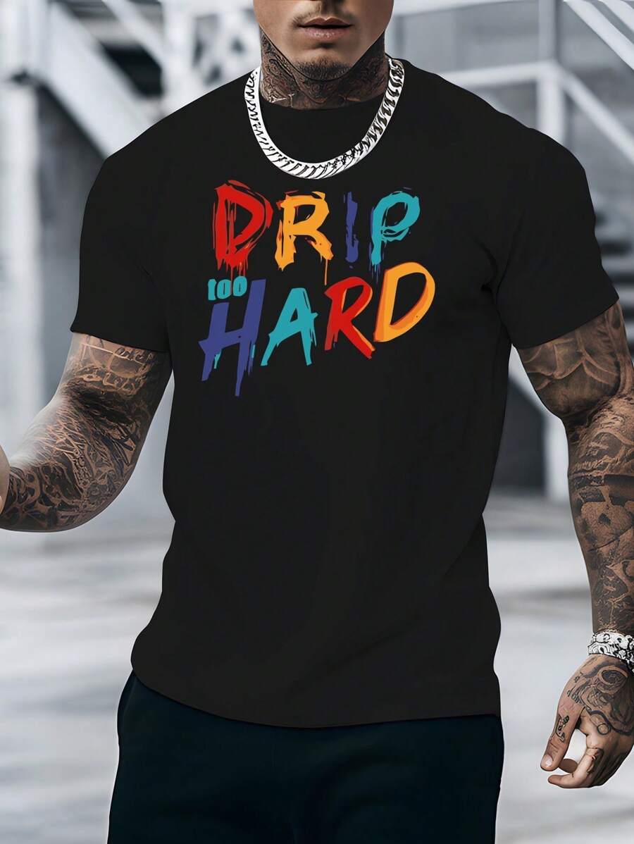 Camiseta de Algodón Holgada para Hombre con Estampado 'DRIP HARD'﻿-Ropa de Playa | Cuello Redondo Casual | Camiseta Ligera, Camisa de Playa Tejido Transpirable 220g algodón pesado - Negro - Ver 1