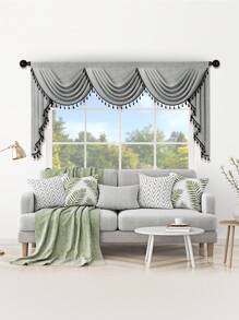 1pc Grey Fringed Curtain, Modern Business Style Imitation Linen Material Short Valance, Suitable For Living Room, Bedroom, Kitchen Window And Door Decoration