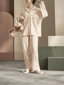 Pajama Women Spring And Autumn Cartoon New Cardigan Long-Sleeved Trousers Home Clothes Can Be Worn Outside The Suit. - 杏色 - 查看 4