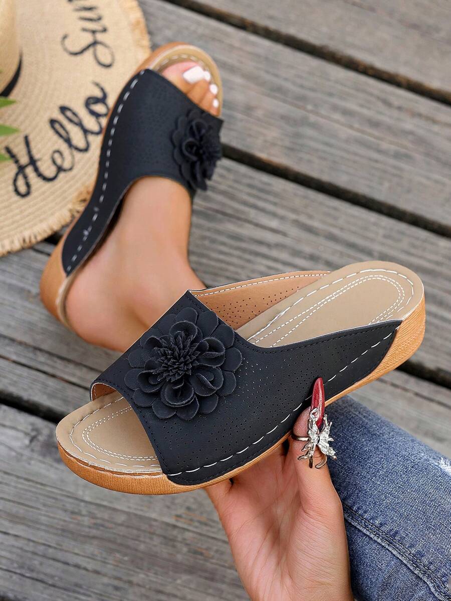 2025 Summer New Thick Bottom Wedge Women Sandals, Fashion Versatile Casual High Heel Women Sandals, Open Toe Women Sandals, Buckle Decor Women Sandals, Elegant Women Sandals - Black - View 1