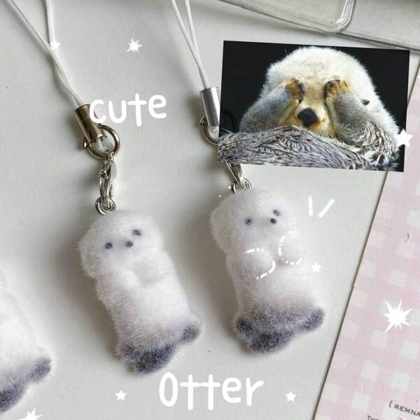 Spring New Original Flocked Penguin, Polar Bear, Otter 3D Animal Flocked Phone Charm, Cute Keychain Pendant, Fashionable Girly Ins Style Phone Accessory, Earphone Case Decor