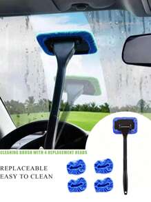 耐用长柄汽车挡风玻璃清洁器 - 轻松保护和抛光玻璃，包含 4 块替换布