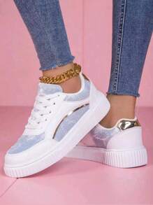 Zapatos deportivos casuales con cordones y patchwork para mujer, estilo callejero, con diseño transpirable y ligero, patrones aleatorios