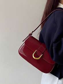Bolso bajo el brazo vintage de alto nivel con hebilla en forma de herradura patentado brillante, bolso de hombro/cruzado burdeos y negro