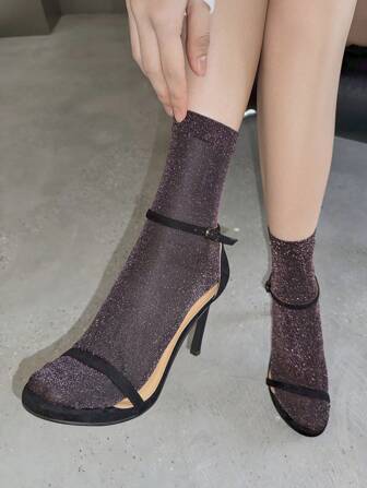 1 Pair/4 Pairs/5 Pairs Women Metallic Shimmer Mid-Calf Socks, Thin Lightweight Shiny Ribbed Socks, Spring & Summer