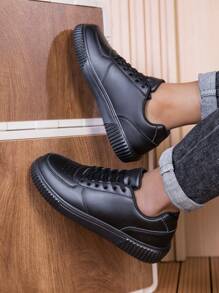 Trending Fashion White Sneakers For Men, New Versatile Casual Sports Shoes, Fashionable Casual Flat Lightweight Soft Sole Student Military Training Travel Shoes - Black - View 9