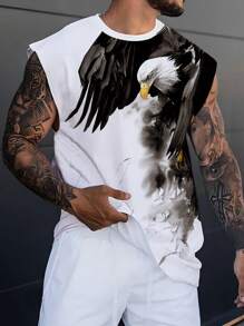 男士卡通老鹰印花背心，休闲假日 T 恤，适合外出和街头穿着