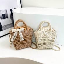 时尚百搭纯色草编手提包，休闲手提单肩包，带蝴蝶结装饰，适合旅行、购物