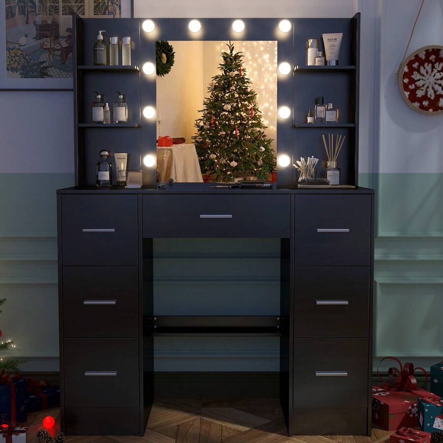 Favourite Gift Vanity Table Makeup With 10 Led Lighted Mirror Dressing Open Shelf And 7 Drawers - Black - View 1