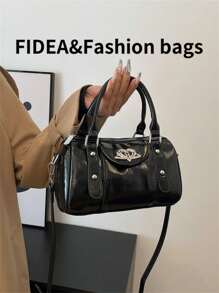 女士时尚纯色手提包，简约 PU 复古美学风格，适合约会、购物、百搭且优雅 - 黑色 - 查看 3