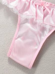 Sexy Pink Romantic Cute Ruffle Hem Women's Bra & Panty Set, T-String Underwear Suitable For Valentine's Day - Pink - View 6
