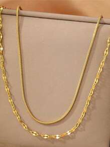 1pc Minimalist Stainless Steel Round Snake Chain Lip Chain Double Layer Necklace, Chic & Versatile For Daily Wear - Double Layer Necklace - View 6