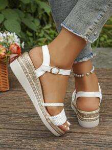 Giày sandal đế xuồng cho nữ, Giày làm việc trong nhà cổ điển, thời trang, mũi tròn, dép sandal thường ngày ngoài trời, màu trắng - trắng - Xem 4